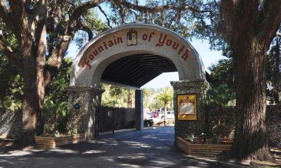 The entrance to the Fountain of Youth through an arched sign