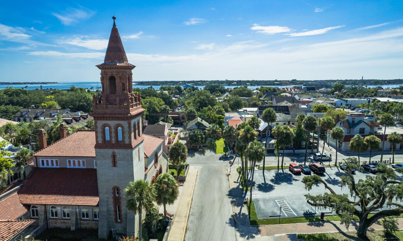 The Methodist Church from a drone with a view of the water