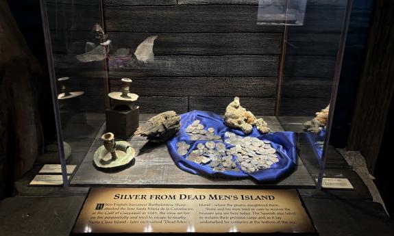 Silver coins in a blue dish on display at the Pirate and Treasure Museum